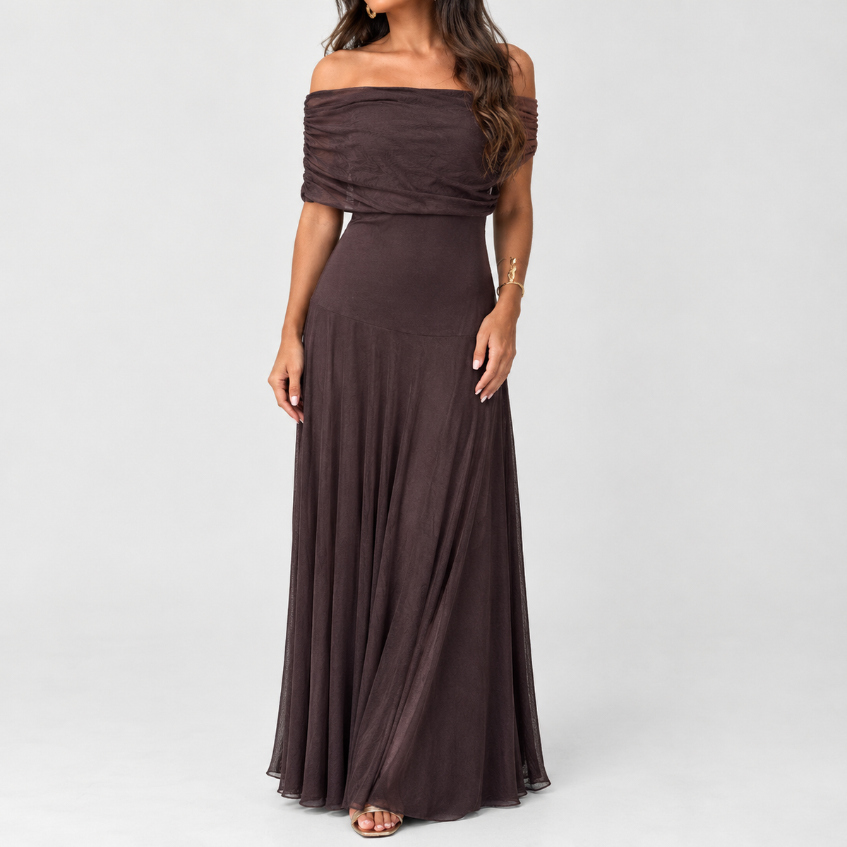 Deepdale Off Shoulder Dress - Chocolate Brown