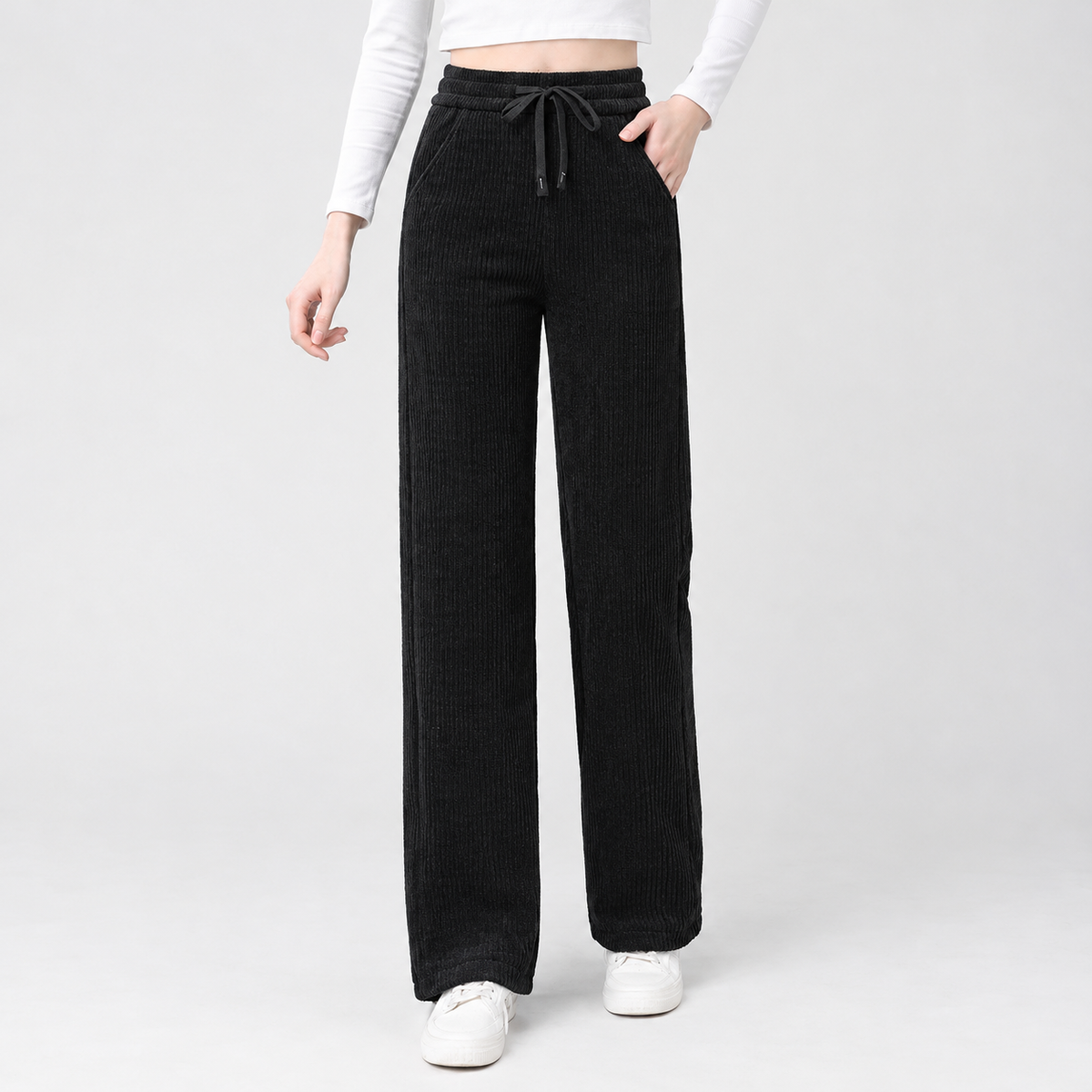 Dentdale Ribbed Wide Leg Pants - Black Pocket Corduroy Wide Legs