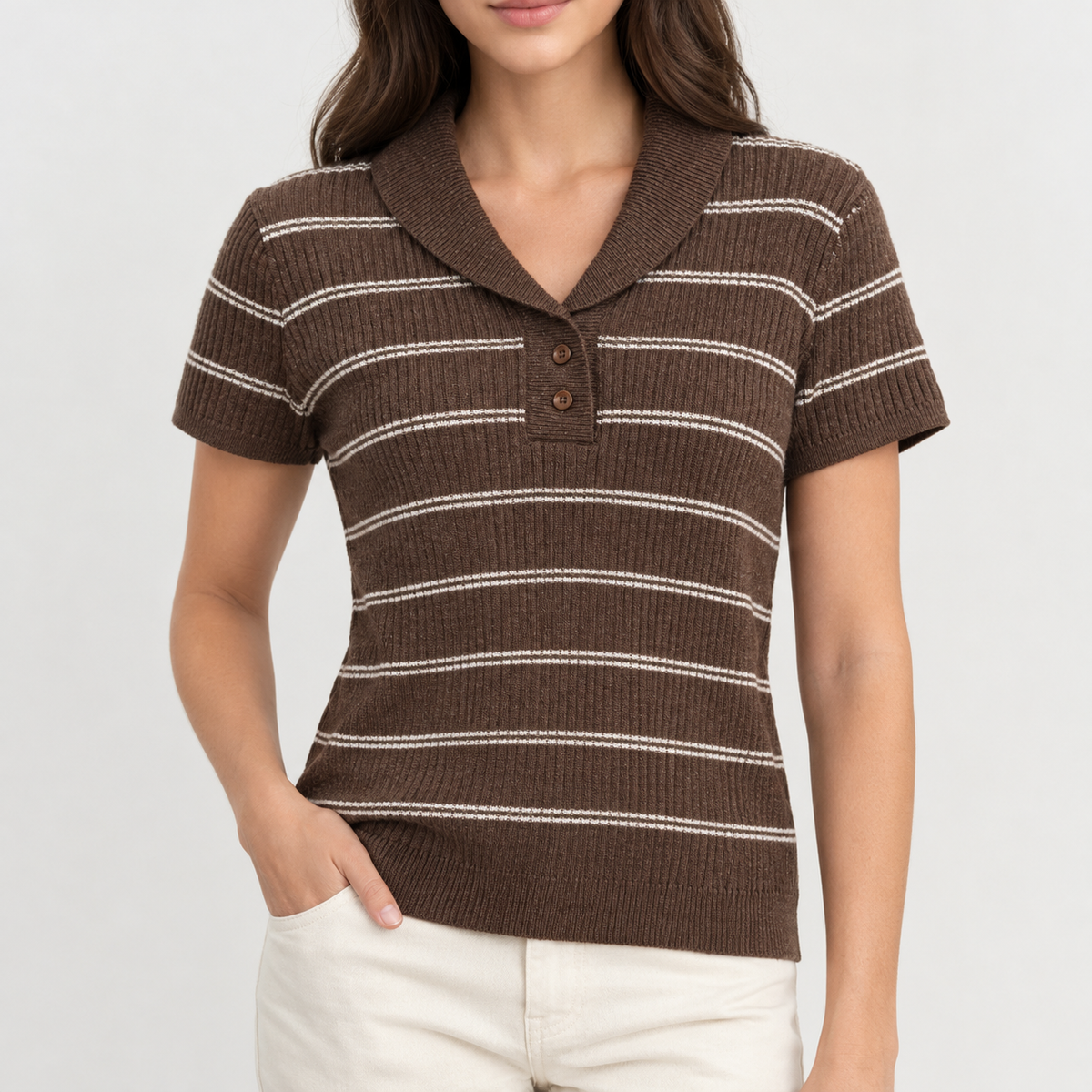 Noverton Ribbed Polo Top - Brown