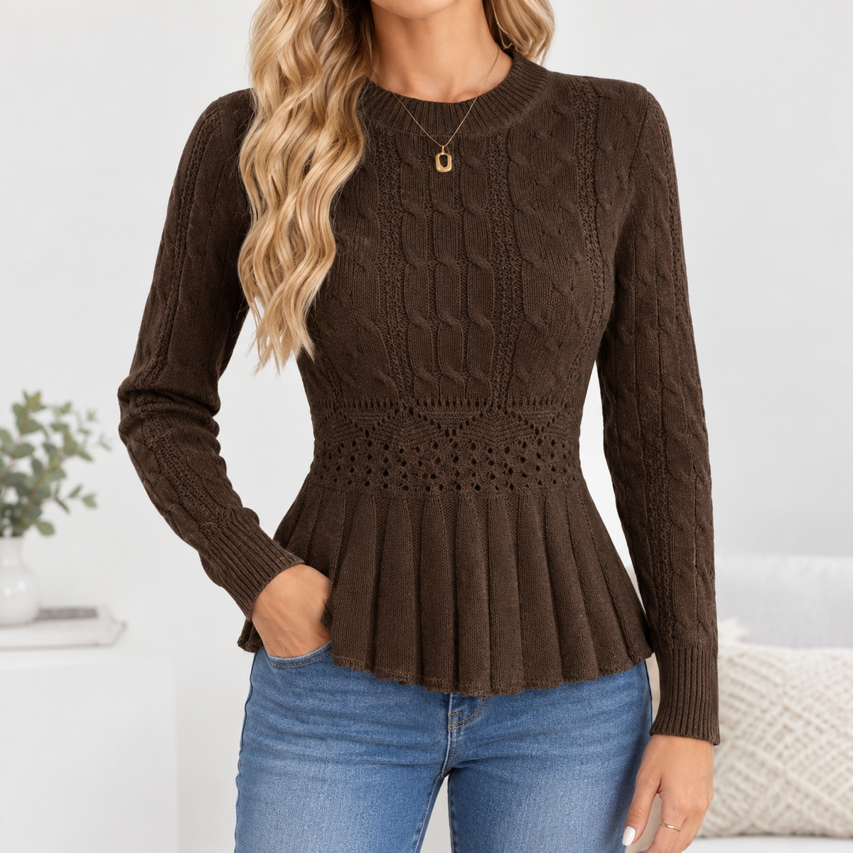 Wensleydale Cable Peplum Sweater - Brown