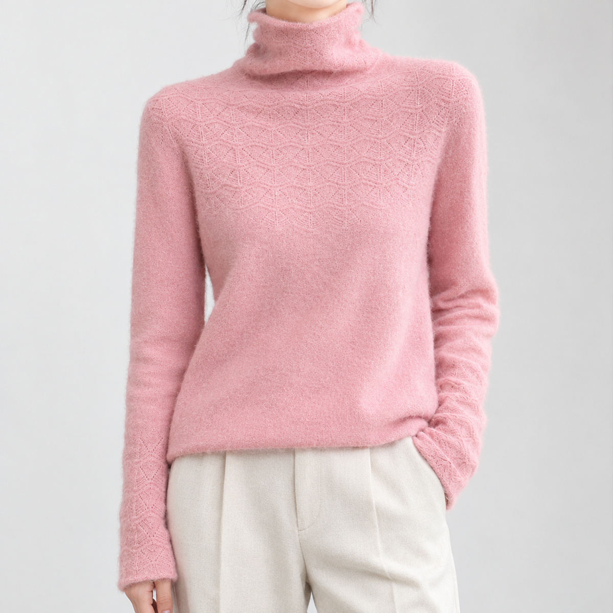 Woolcombe Pointelle Turtleneck Sweater - Pink