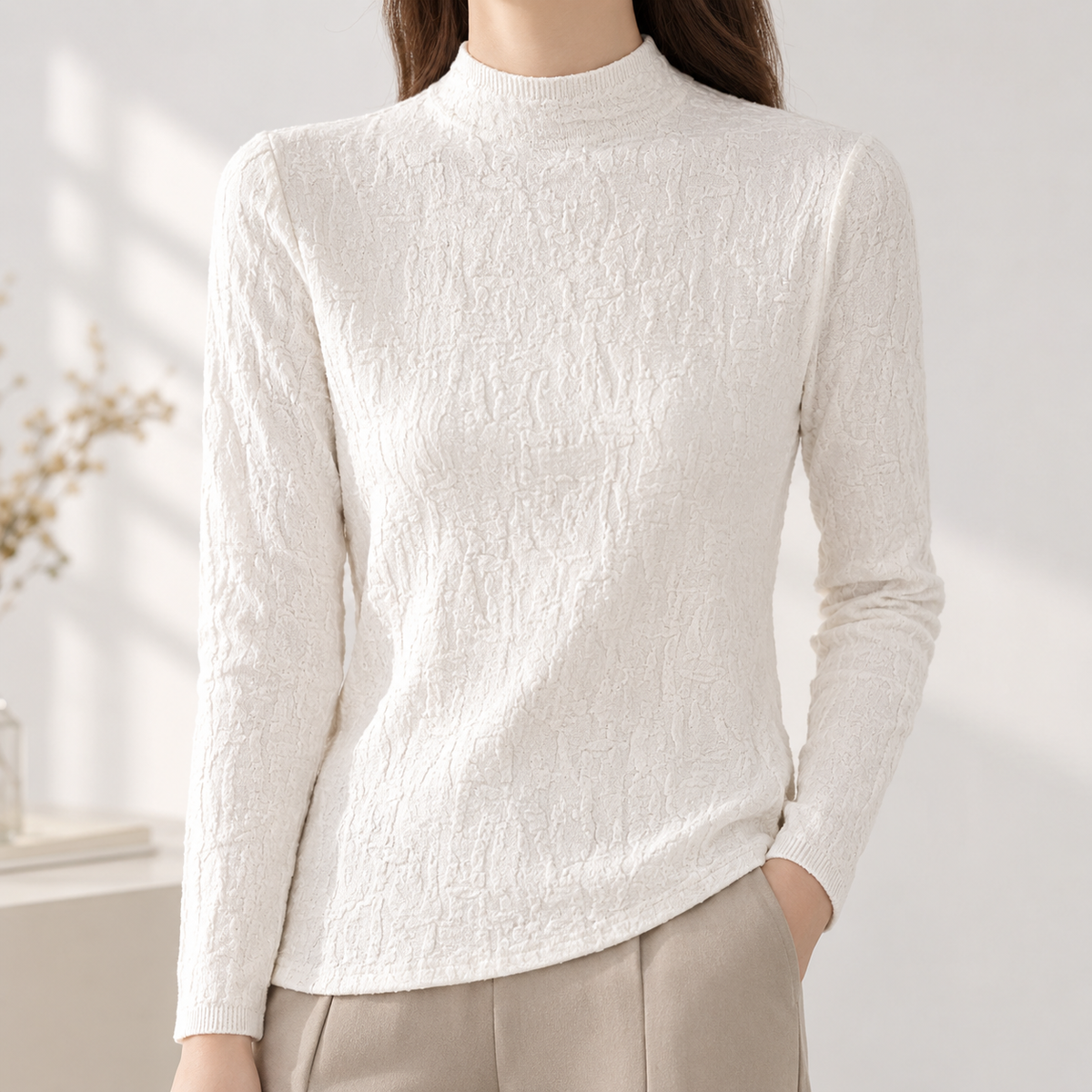 Valentina Textured Mock Neck Top - White