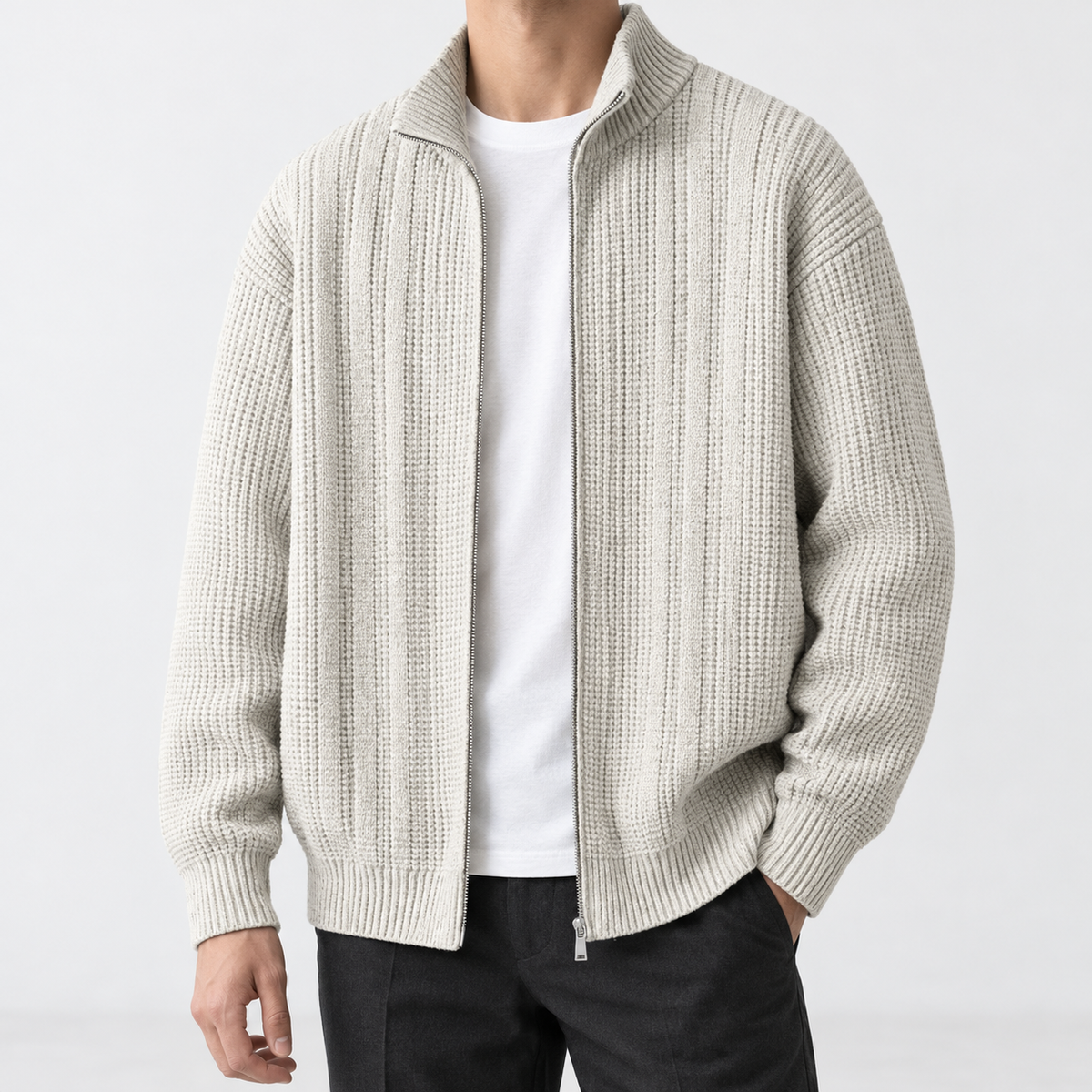Deancombe Ribbed Zip Cardigan - White