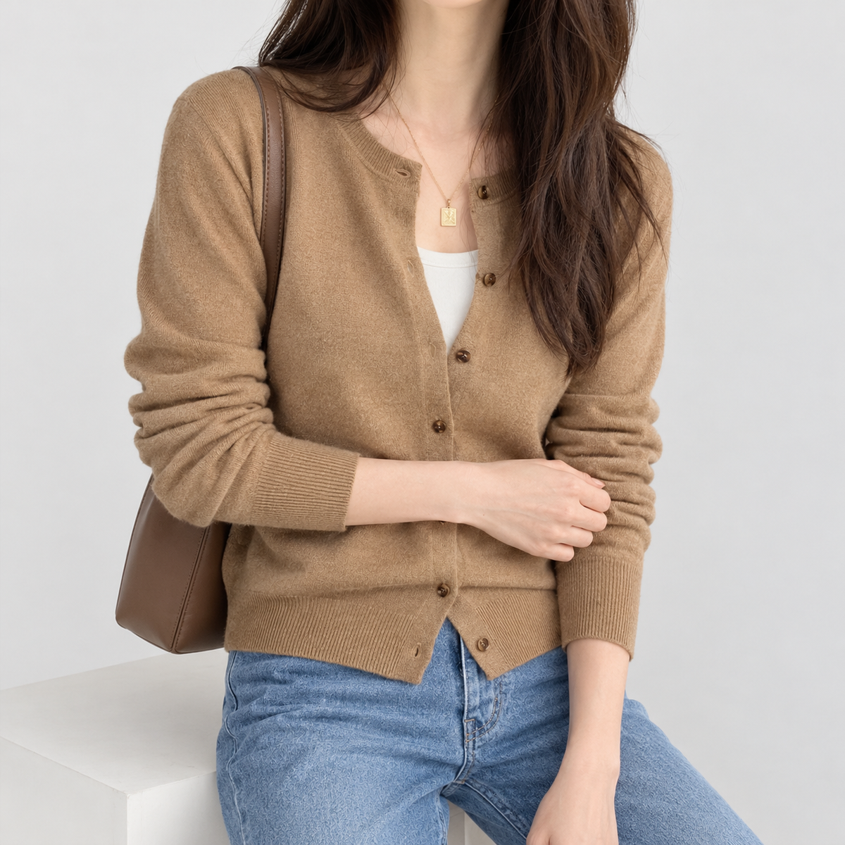 Bowston Crew Neck Cardigan - Camel Brown