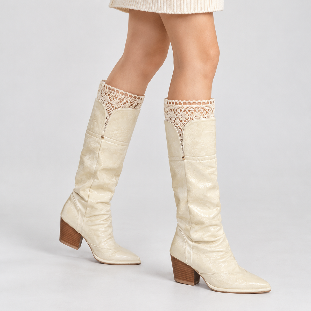 Whimple Lace Trim Boots - Off White