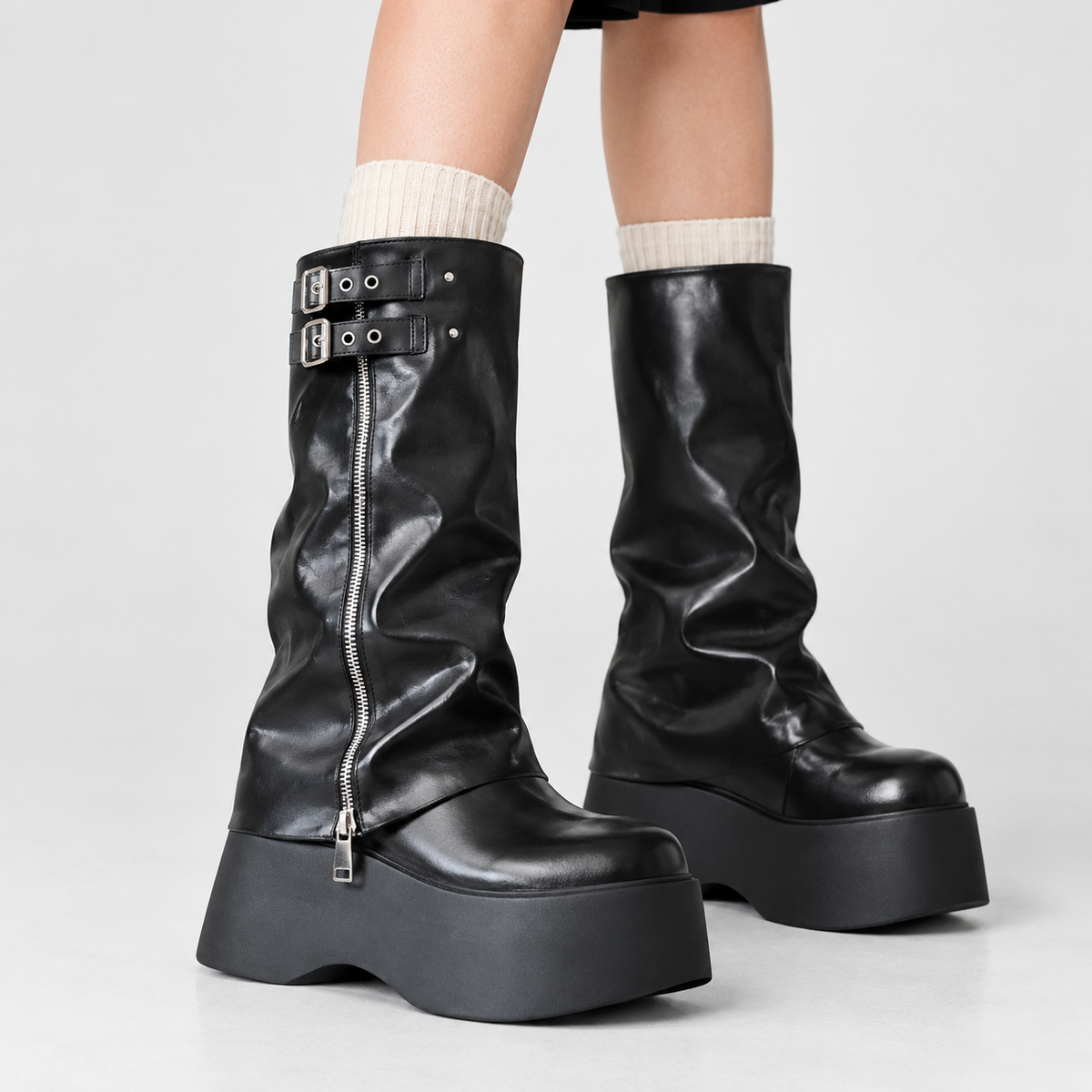Holnest Buckle Platform Boots - Black