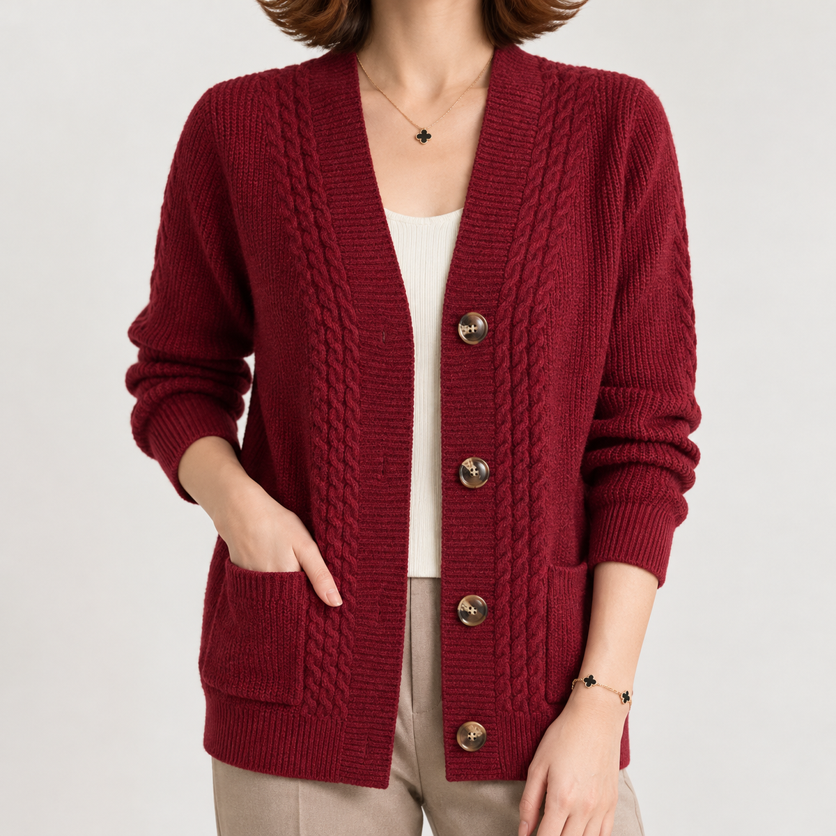 Nottington Cable Knit Cardigan - Date Red