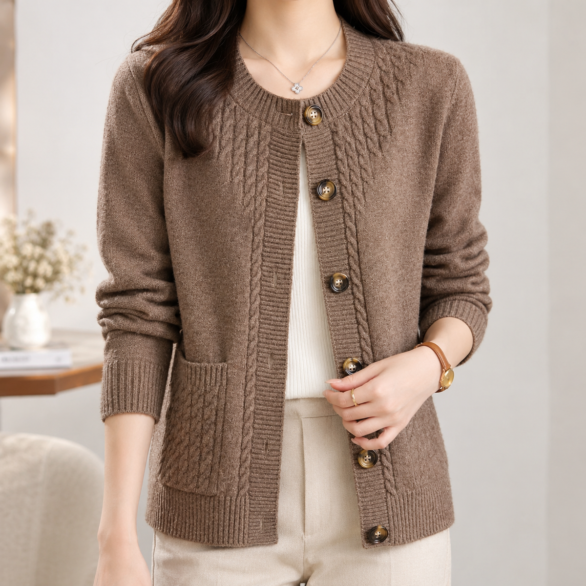 Borrowdale Cable Knit Cardigan - Khaki