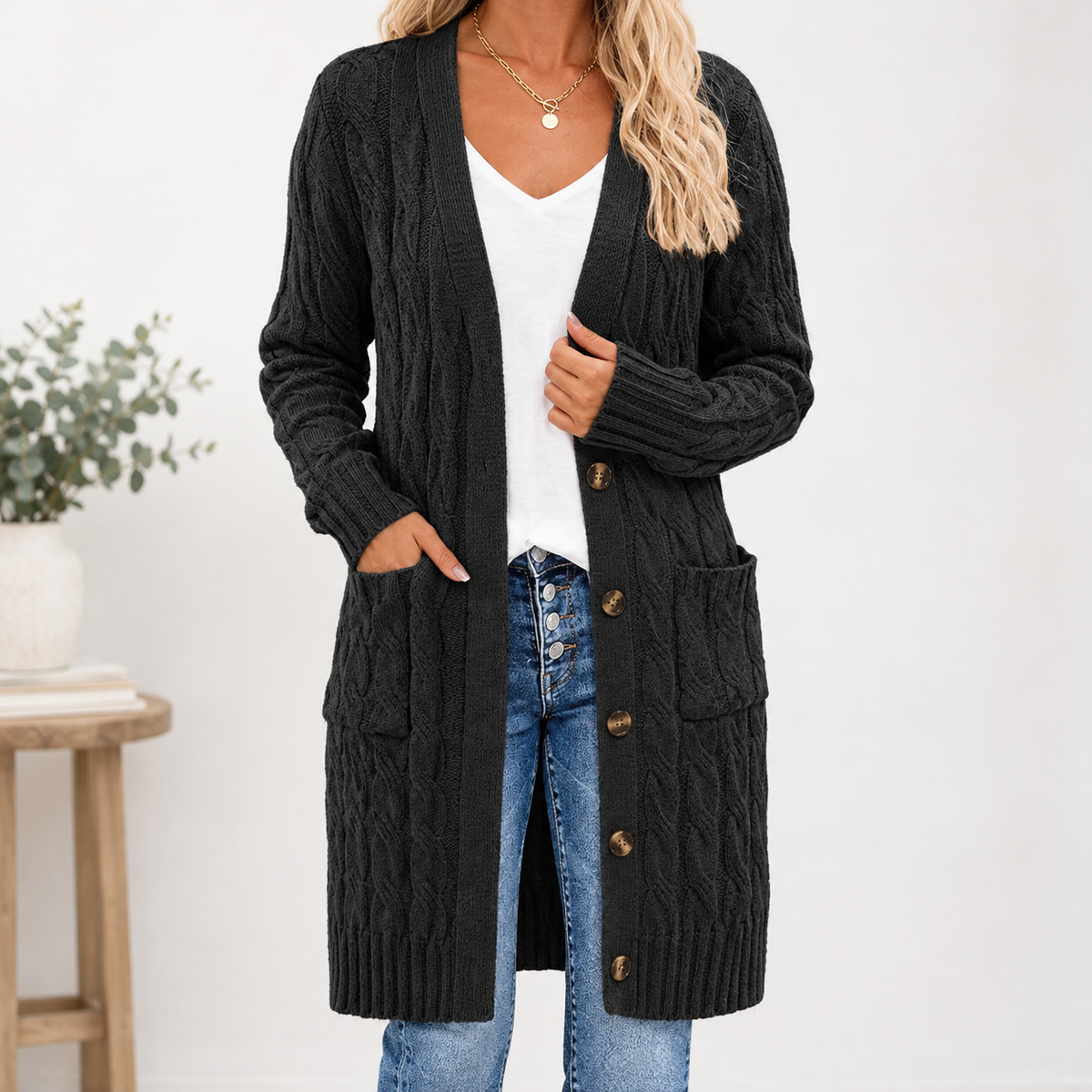 Thurlstone Cable Knit Cardigan - Black