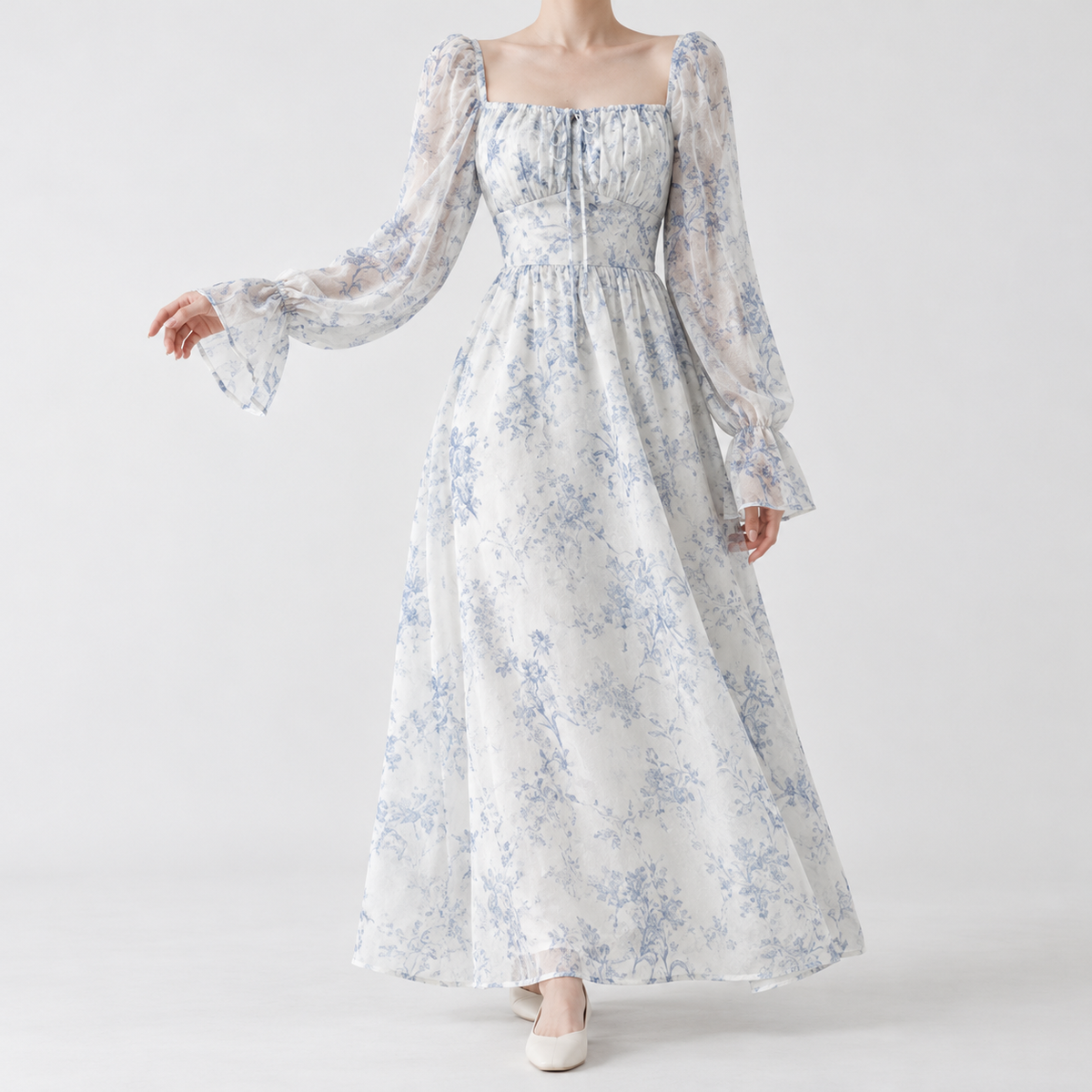 Beaulieu Square Neck Dress - Floral Blue