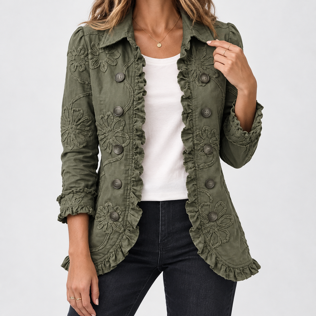 Scotby Ruffle Trim Jacket - Olive Green