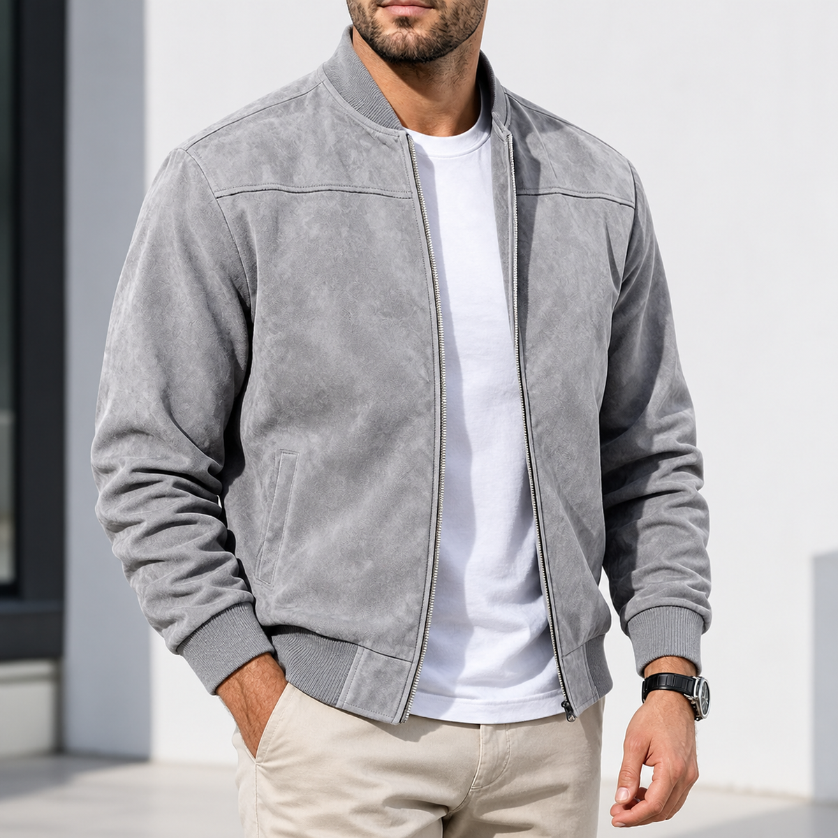 Risbury Suede Bomber Jacket - Light Gray
