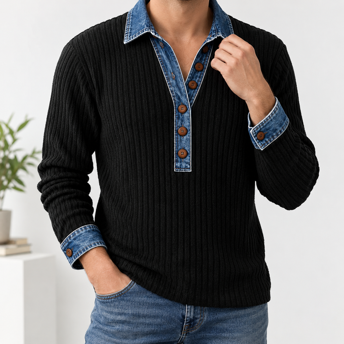 Marco Denim Collar Top - Black