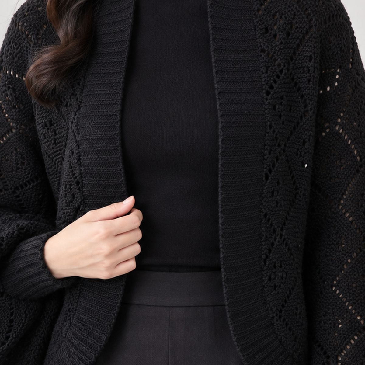 Burnsall Openwork Cardigan - Black, knit detail