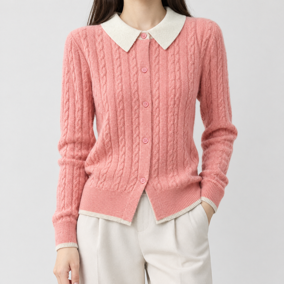 Bourton Cable Knit Cardigan - Pink White Collar