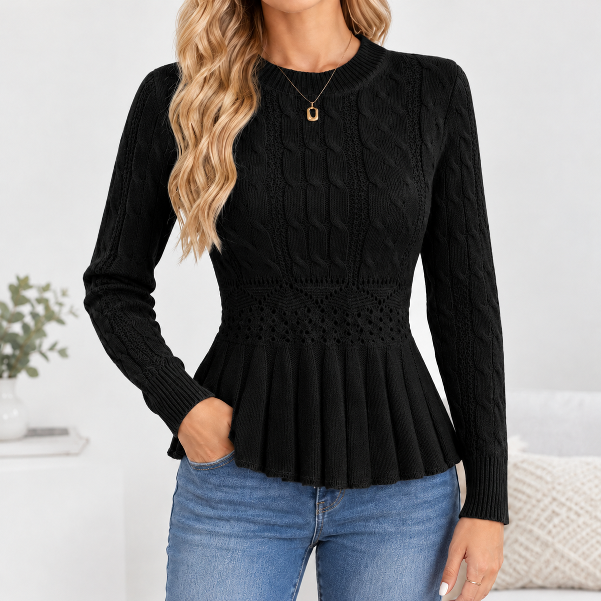 Wensleydale Cable Peplum Sweater - Black