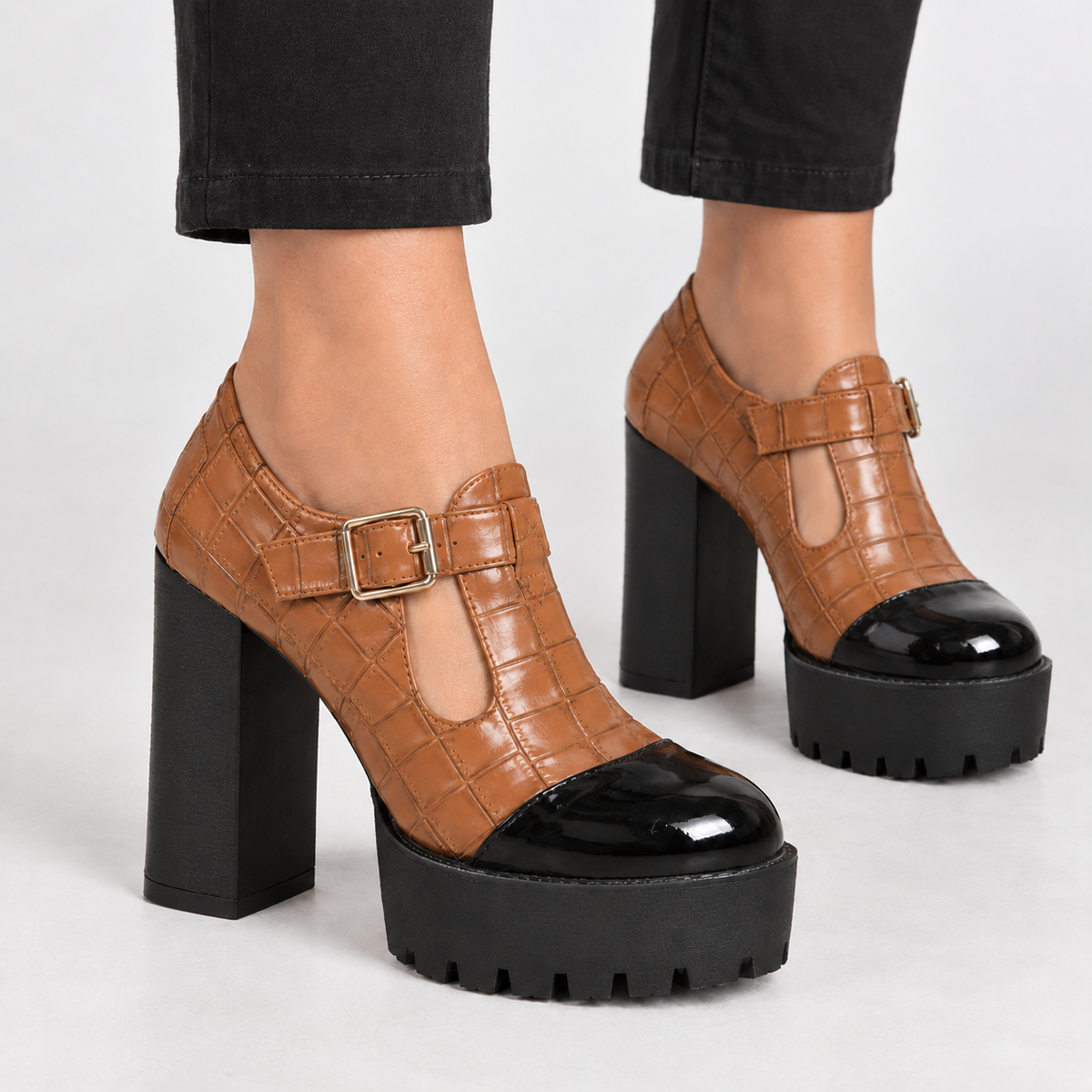 Galphay Croc Embossed Heels - Camel