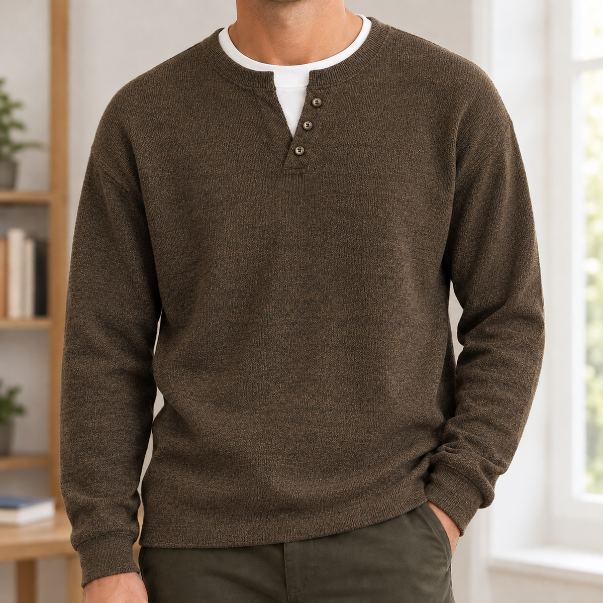Plockton Layered Henley Sweater - Brown