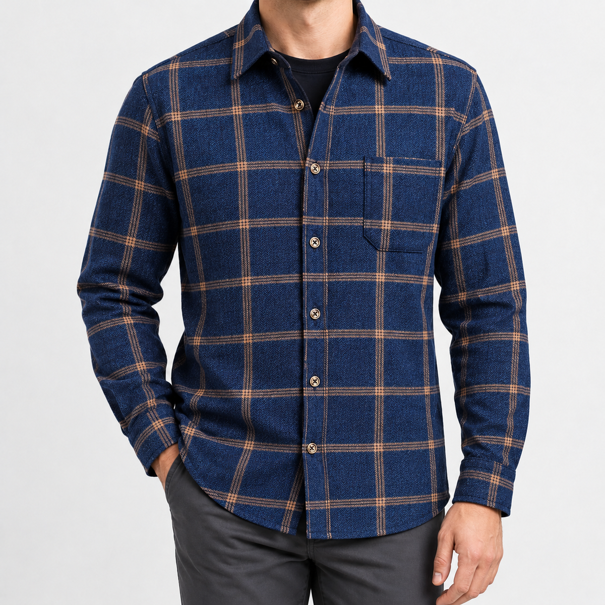 Duns Fleece Lined Shirt - Blue Tan Windowpane