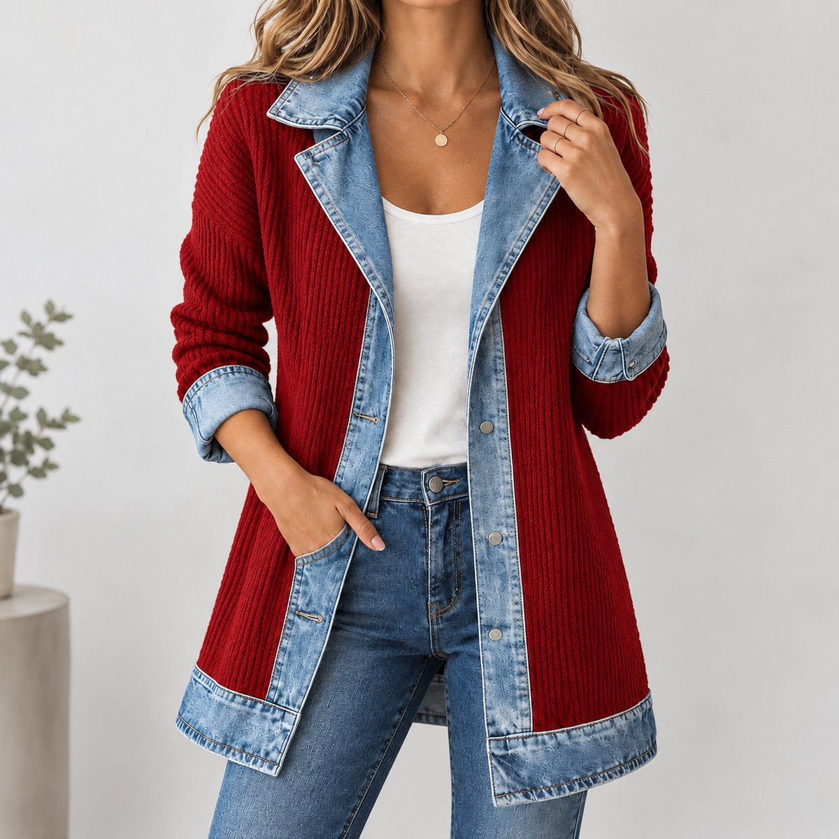 Anouska Denim-Trim Jacket - Red