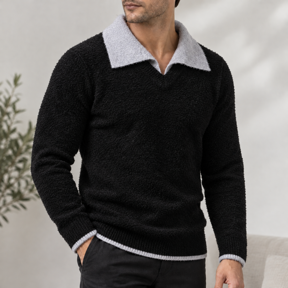 Hawsker Contrast Collar Sweater - Black