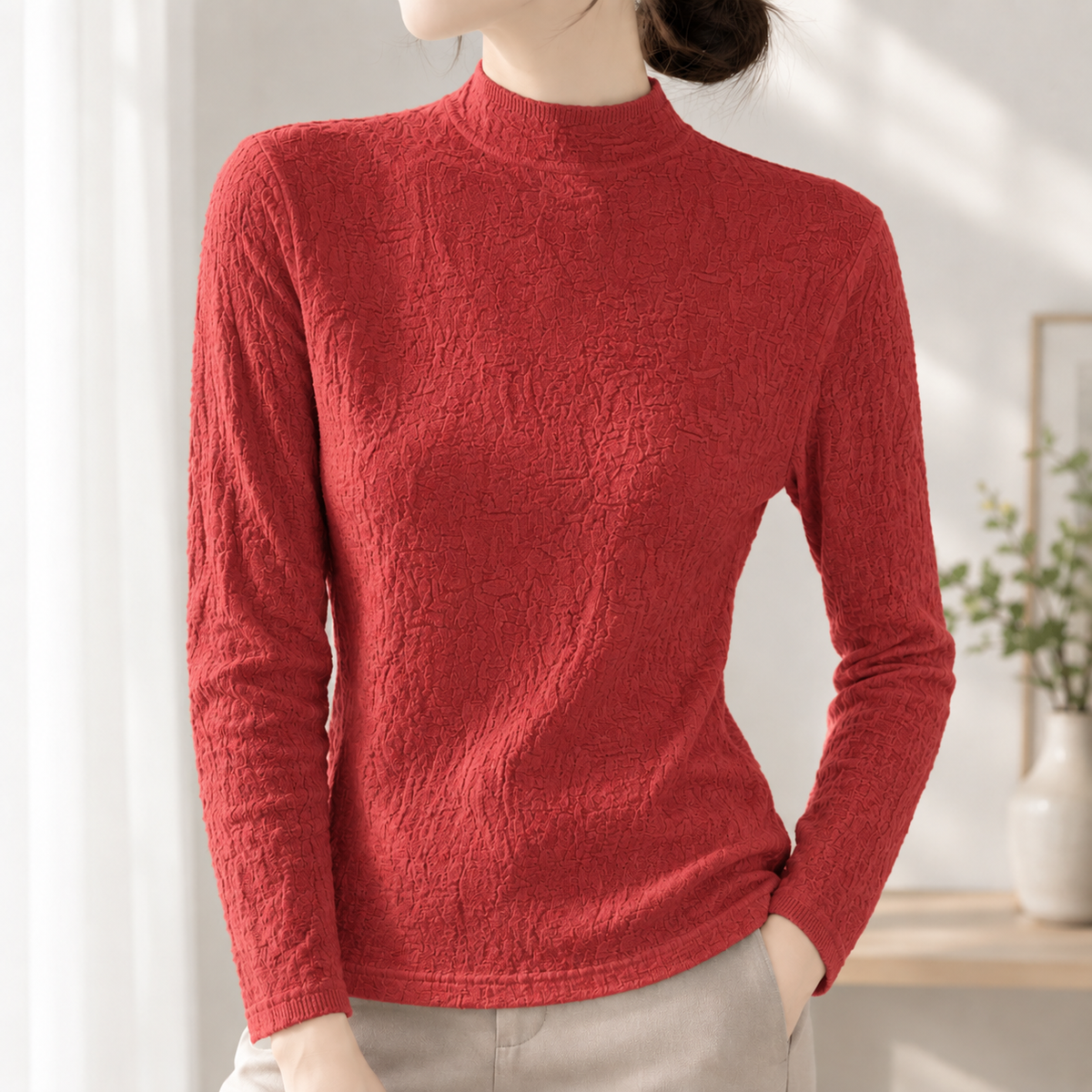 Valentina Textured Mock Neck Top - Red