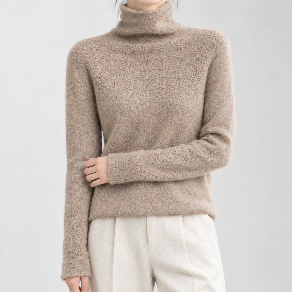Woolcombe Pointelle Turtleneck Sweater - Raw Camel