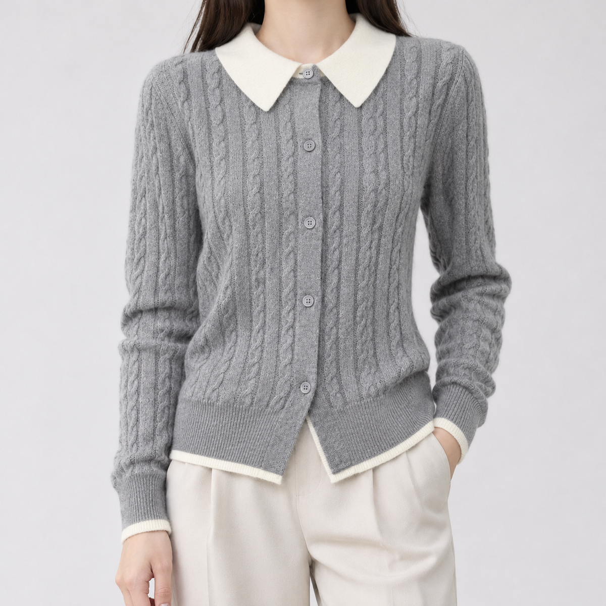 Bourton Cable Knit Cardigan - Gray White Collar