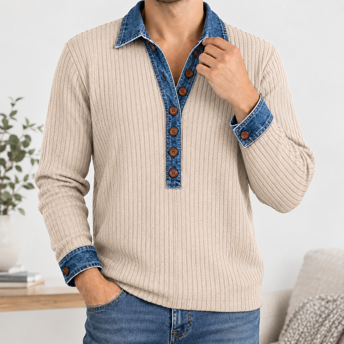 Marco Denim Collar Top - Beige