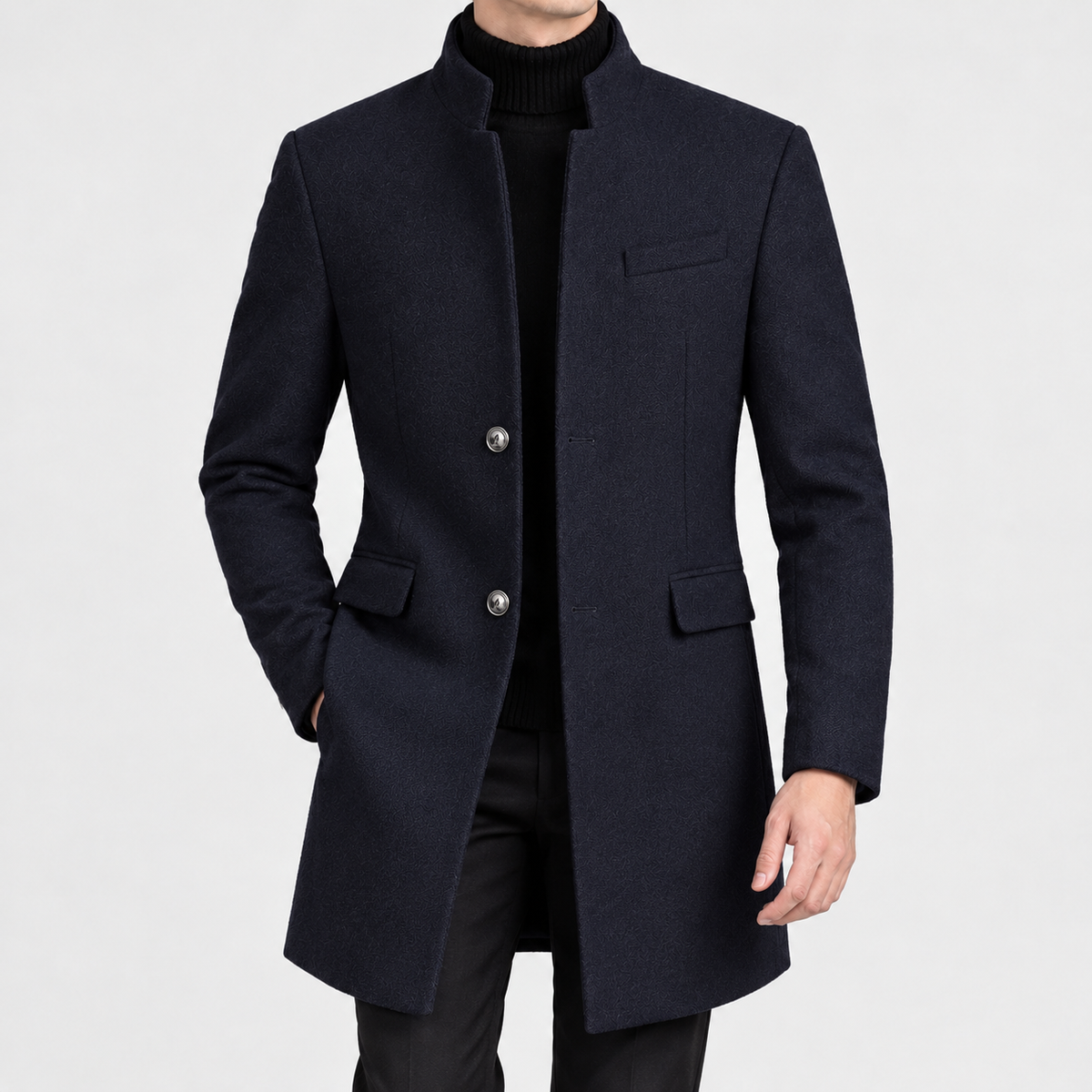 Wiveliscombe Stand Collar Overcoat - Navy Blue