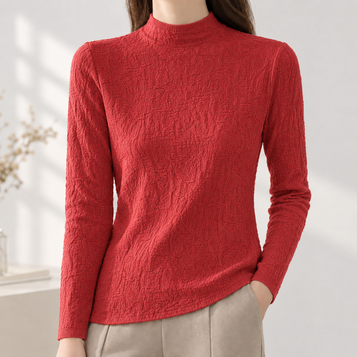 Valentina Textured Mock Neck Top - Red