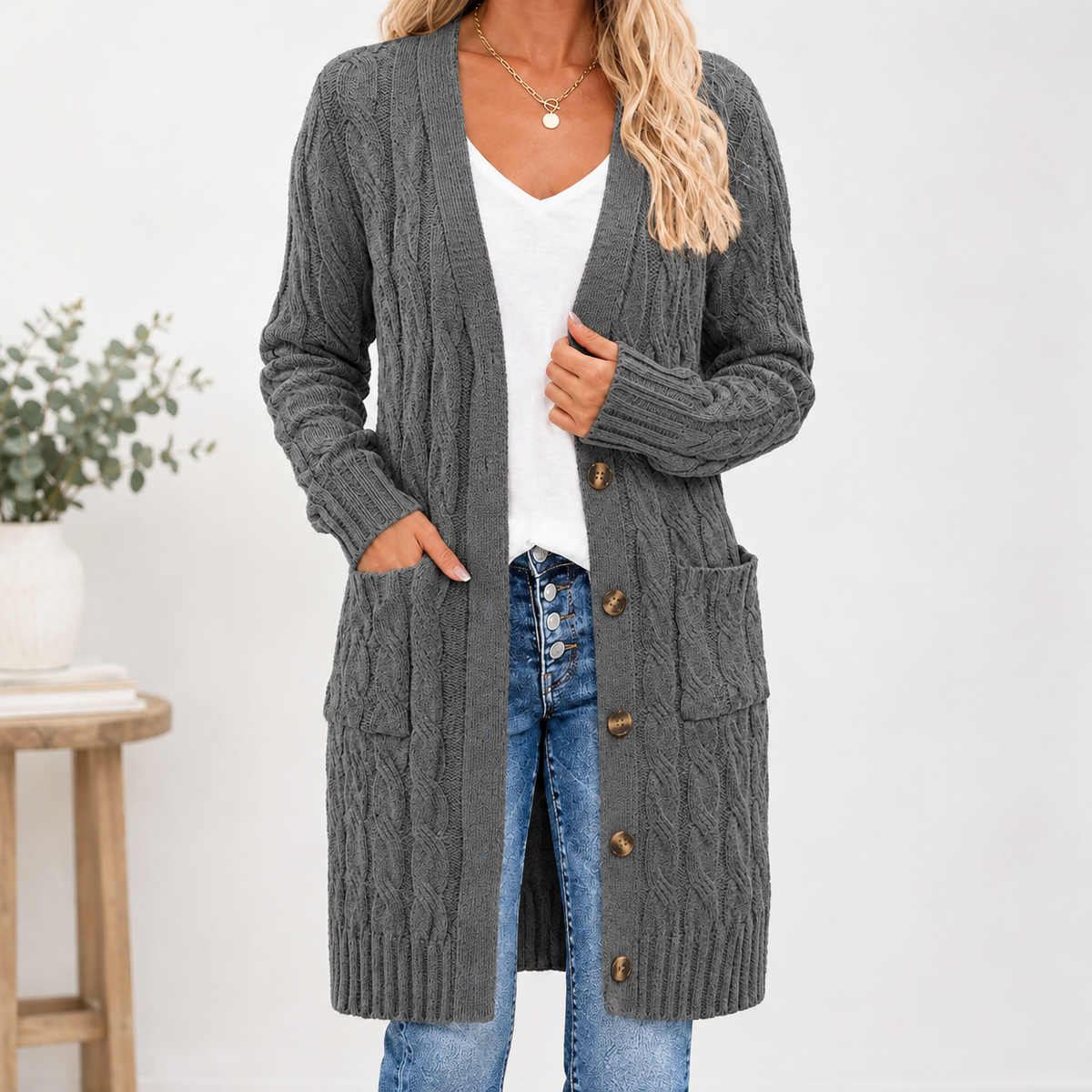 Thurlstone Cable Knit Cardigan - Dark Gray