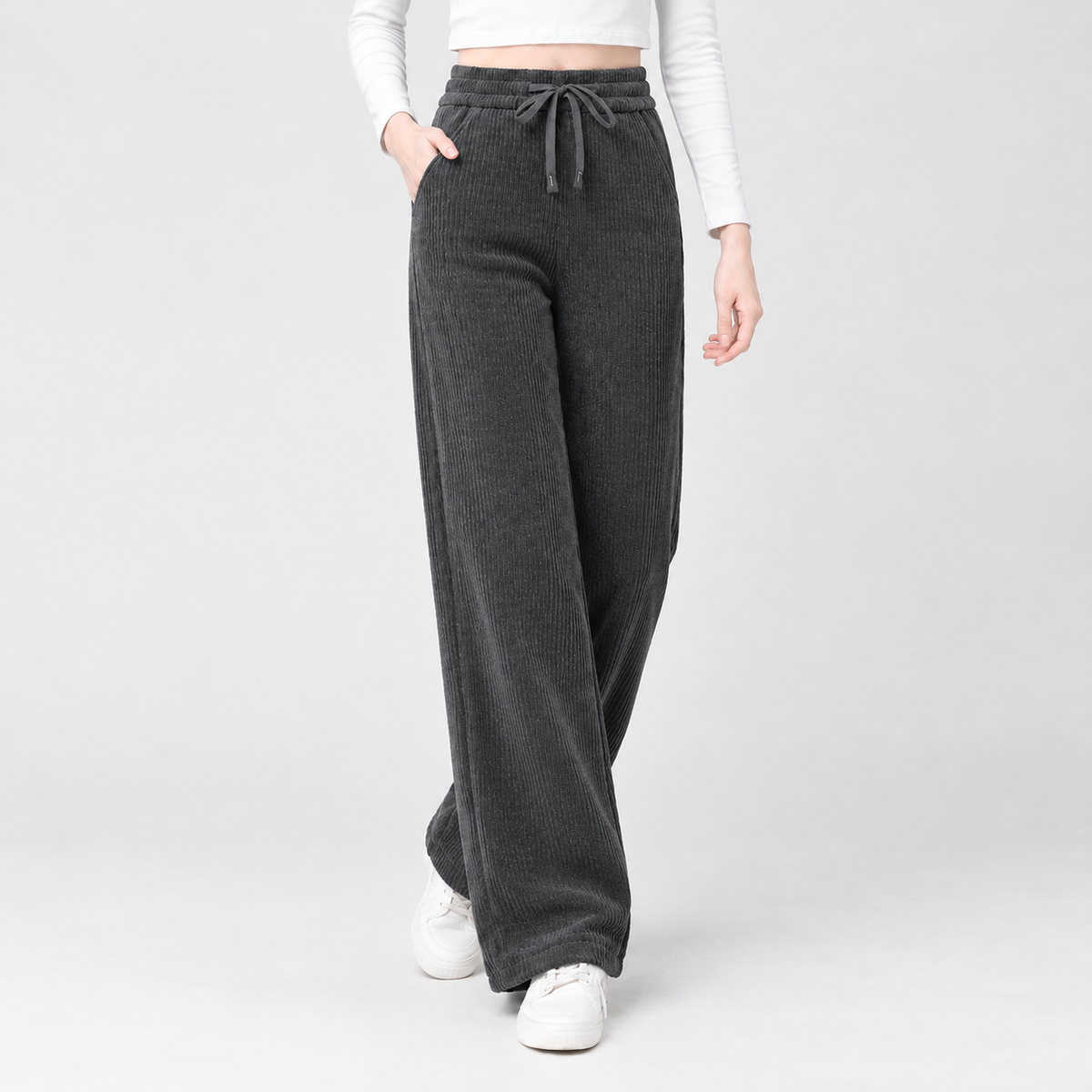 Dentdale Ribbed Wide Leg Pants - Gray Pocket Corduroy Wide Legs