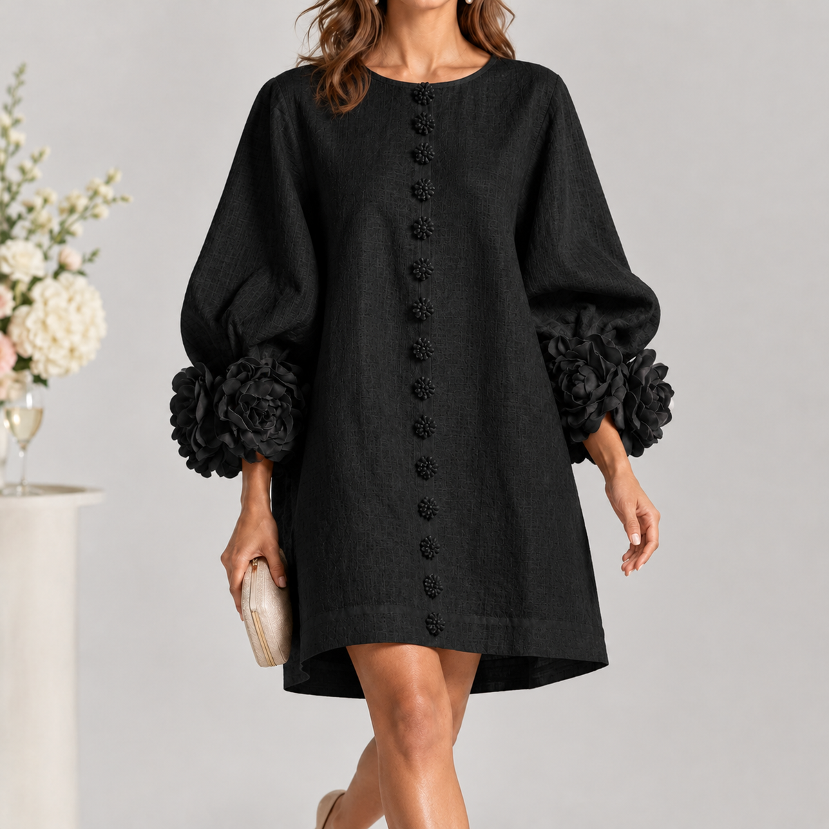 Porkellis Floral Cuff Dress - Black