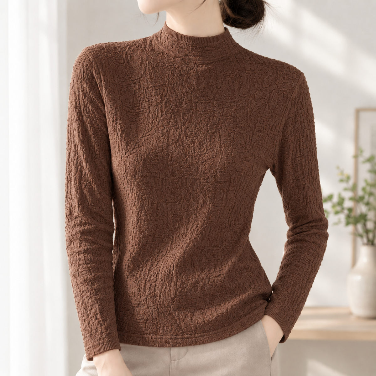 Valentina Textured Mock Neck Top - Brown