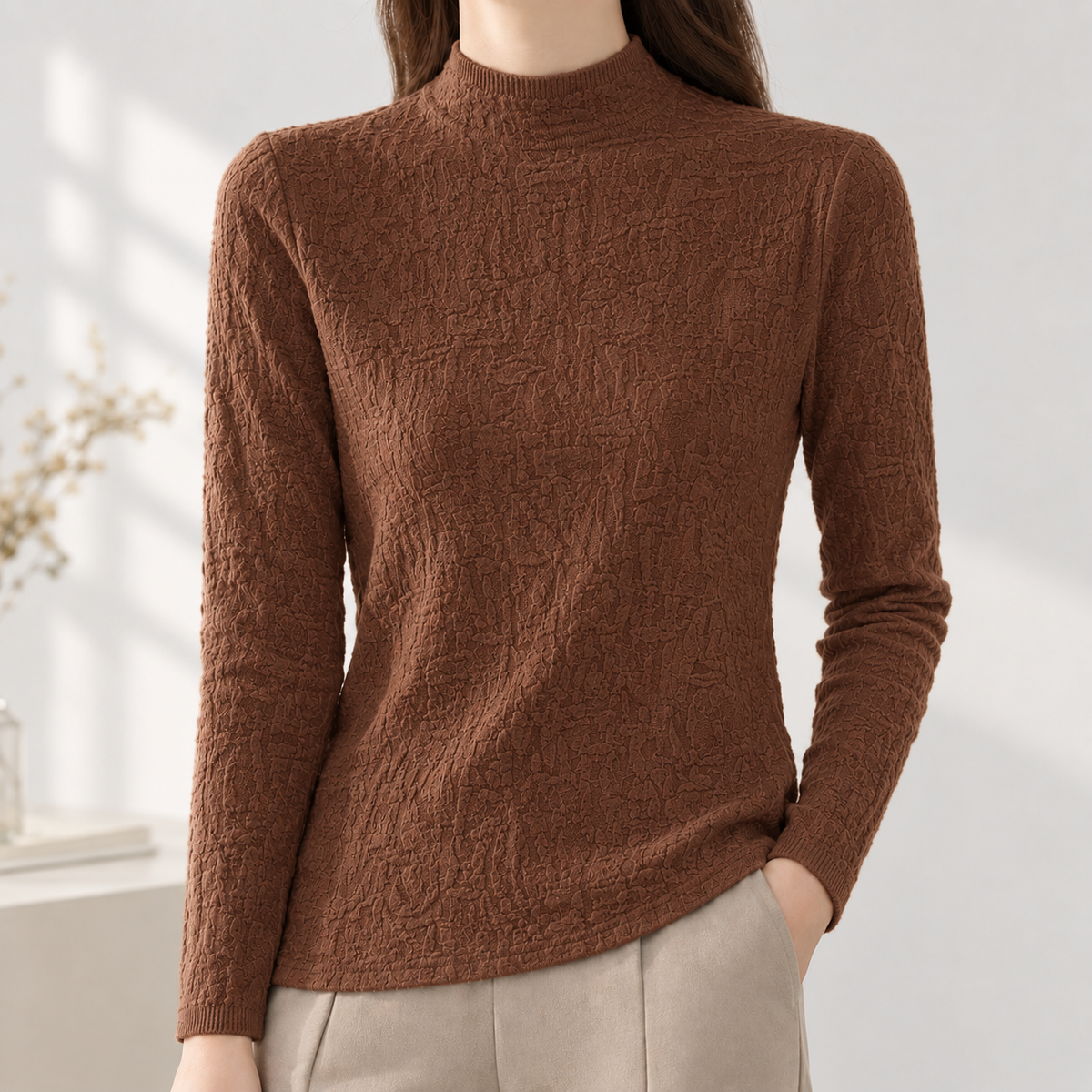 Valentina Textured Mock Neck Top - Brown