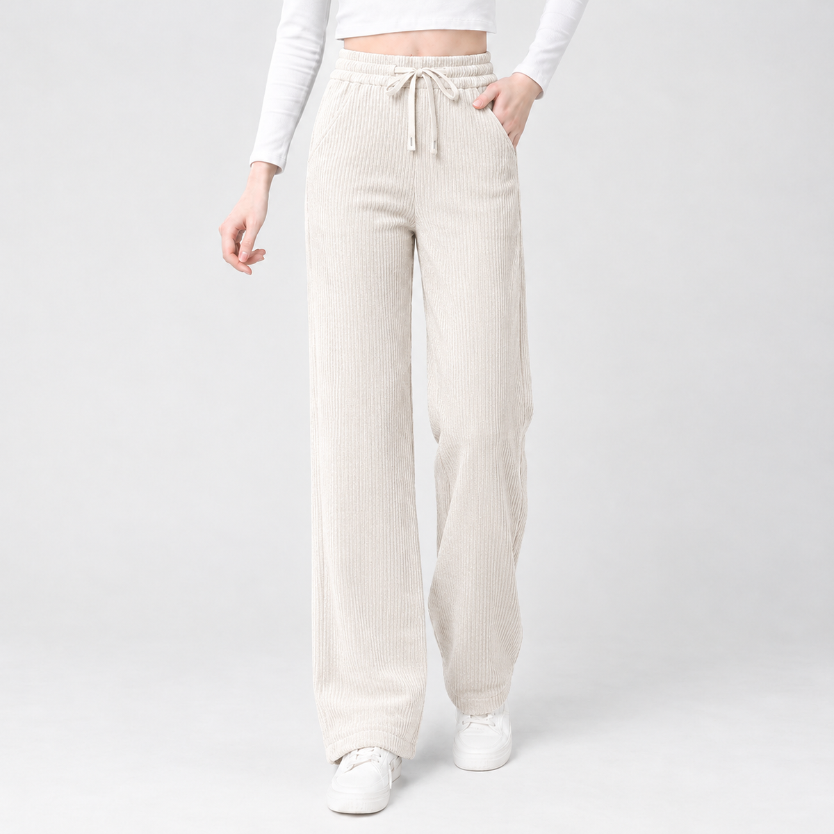 Dentdale Ribbed Wide Leg Pants - White Pocket Corduroy Wide Legs