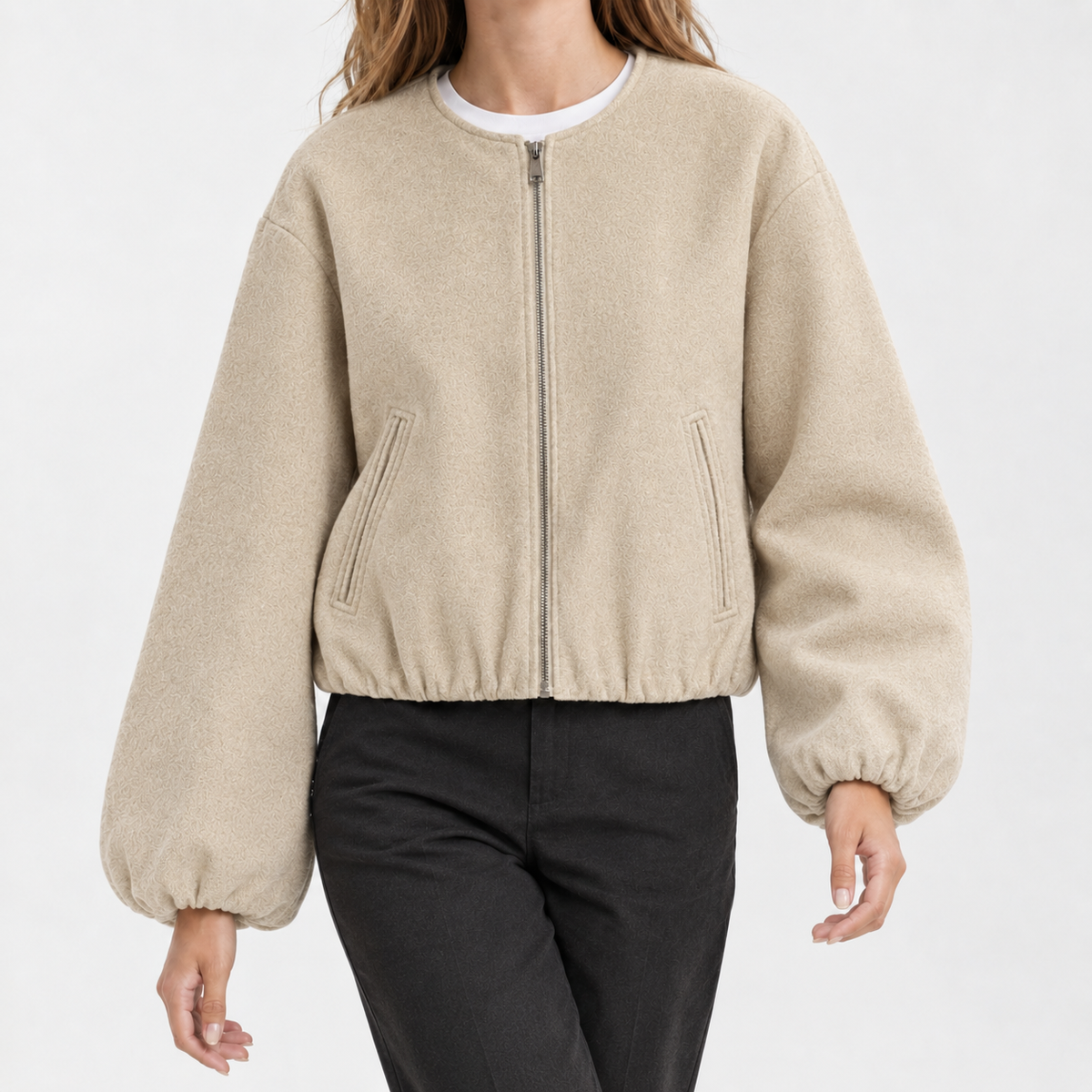 Lara Collarless Jacket - Beige