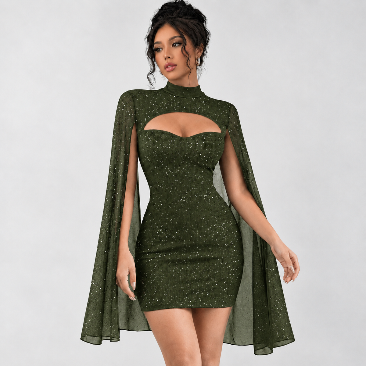 Sibylla Cape Mini Dress - Olive Green
