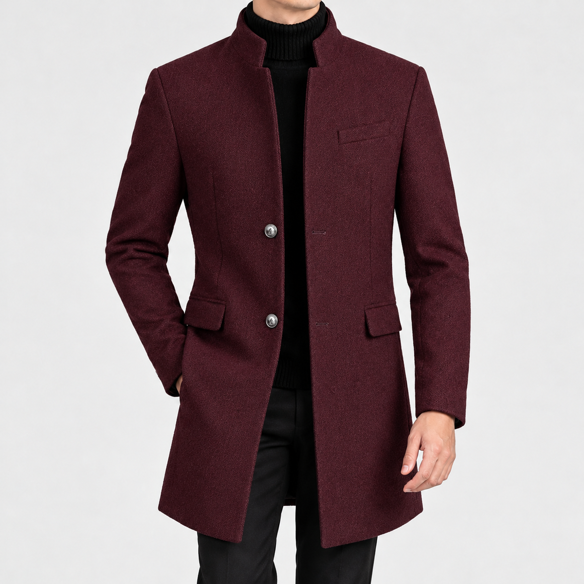 Wiveliscombe Stand Collar Overcoat - Wine Red