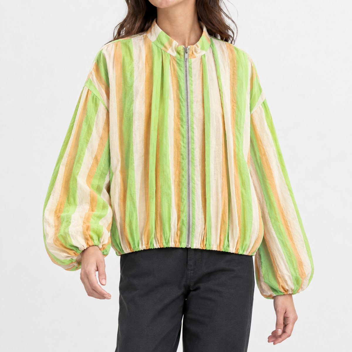 Odette Striped Bomber Jacket - Green Bar