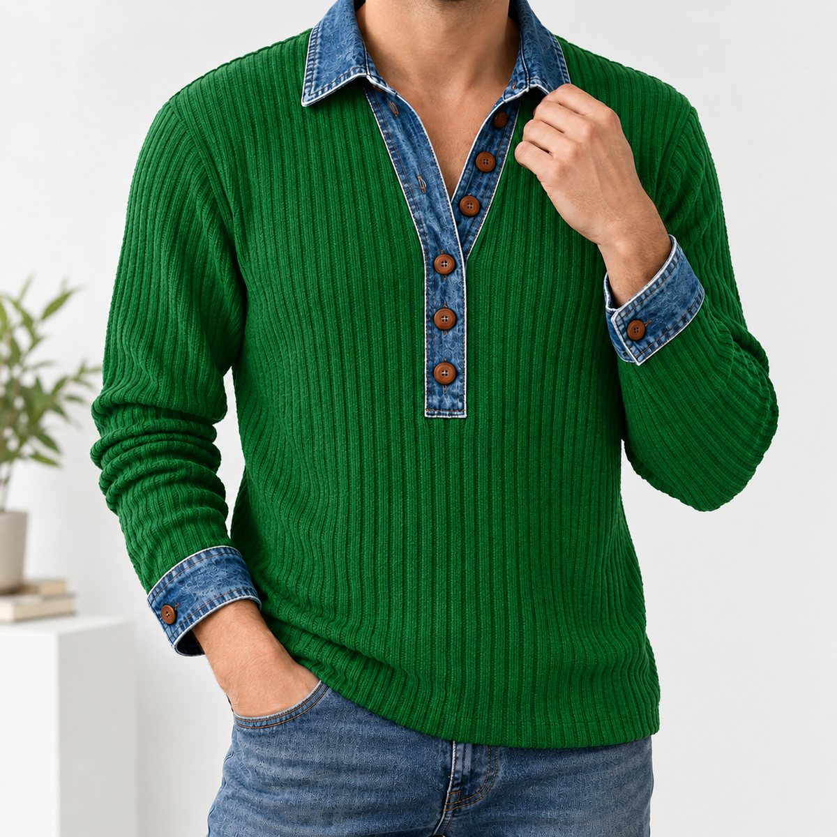 Marco Denim Collar Top - Green