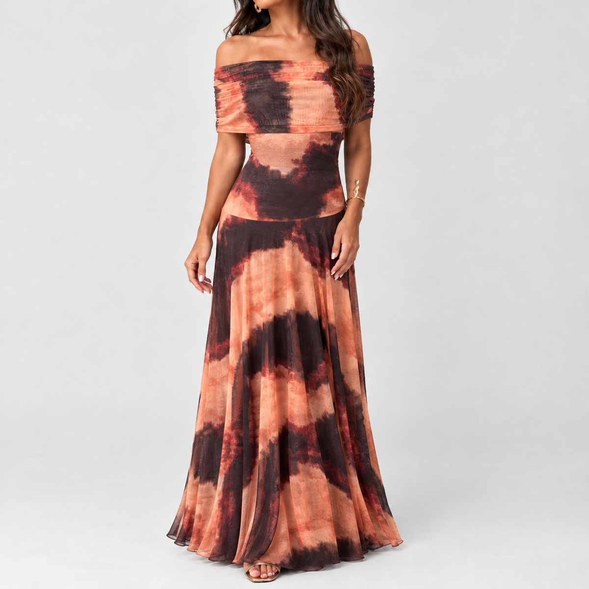 Deepdale Off Shoulder Dress - Peach Brown Print