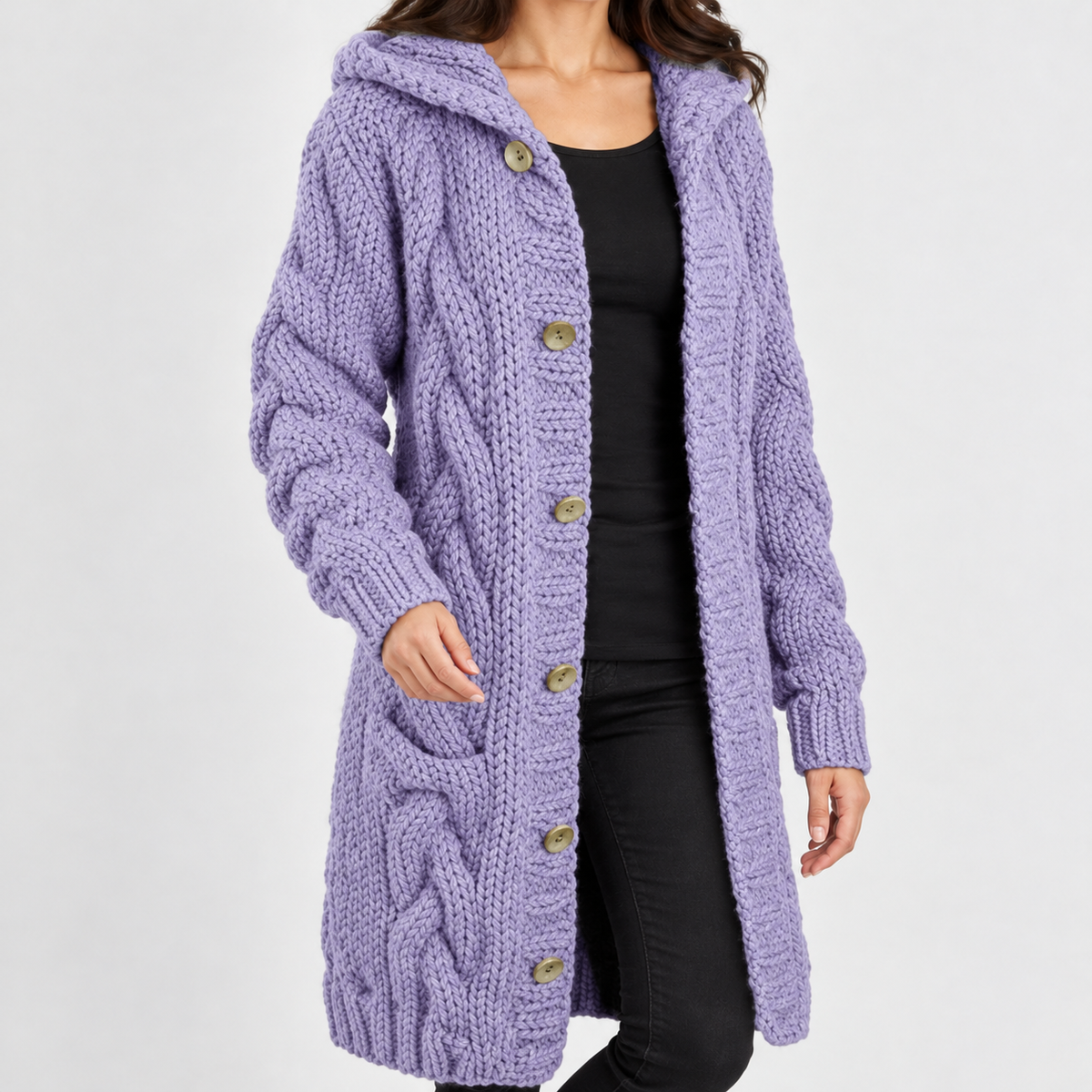 Yondercott Hooded Cable Cardigan - Purple