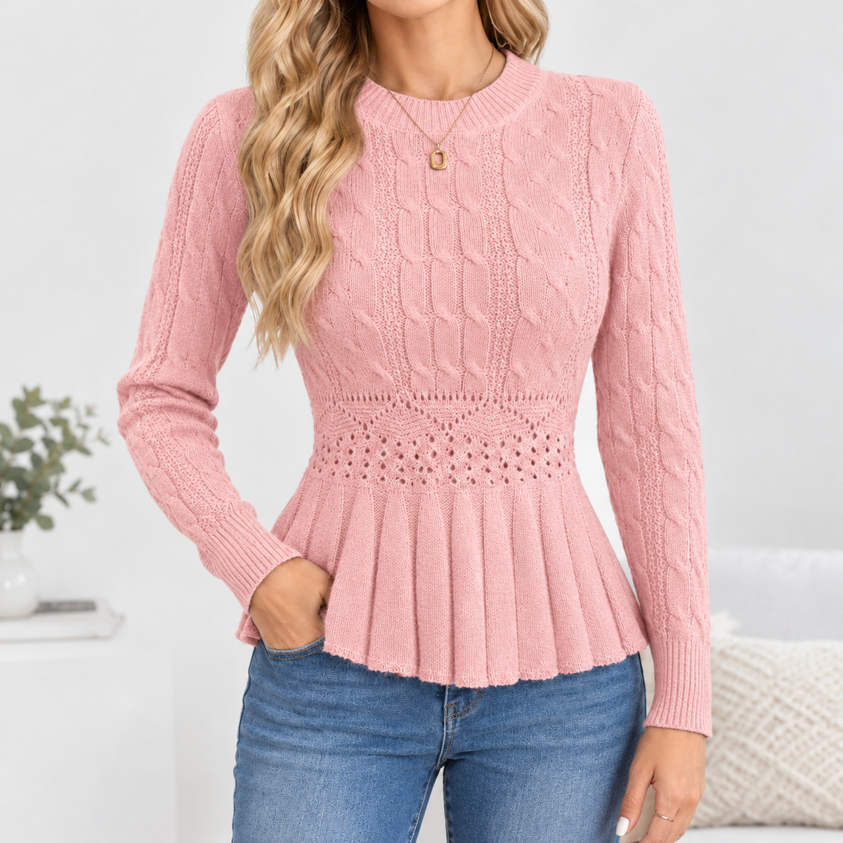 Wensleydale Cable Peplum Sweater - Pink