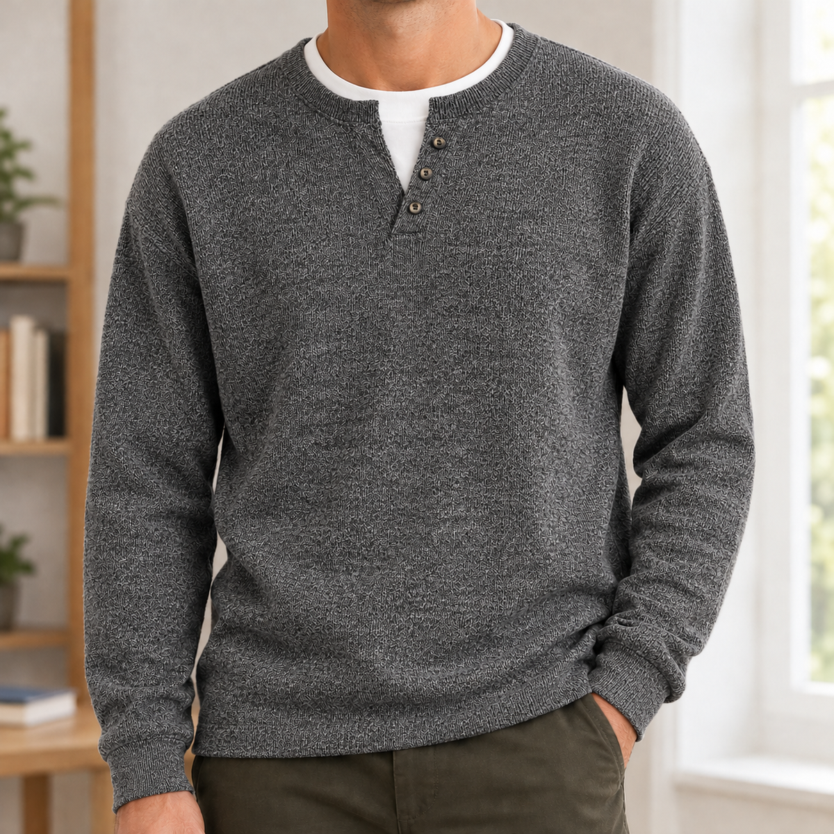 Plockton Layered Henley Sweater - Dark Gray