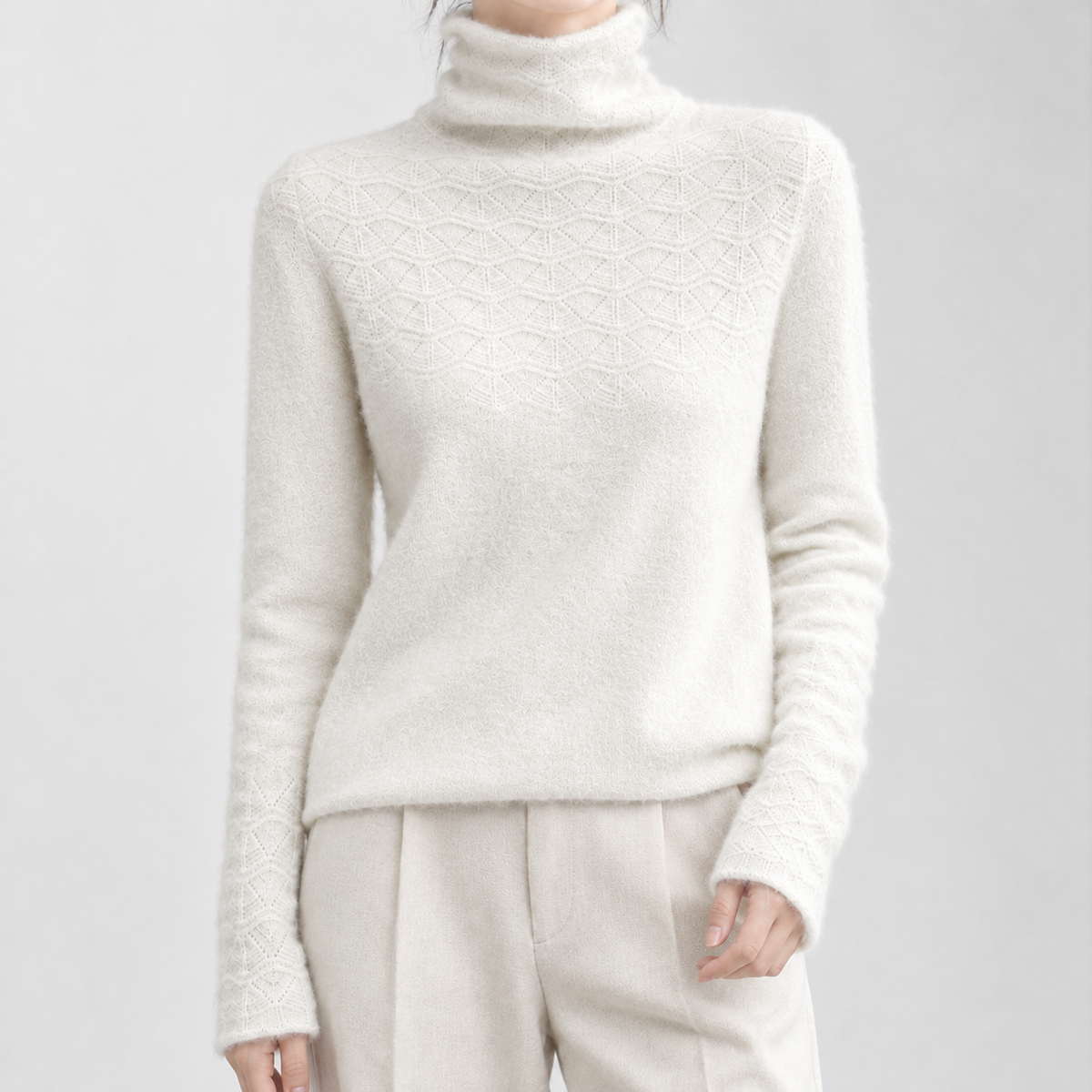 Woolcombe Pointelle Turtleneck Sweater - Warm White