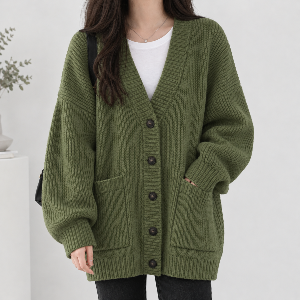 Brassington Ribbed Cardigan - Military Green
