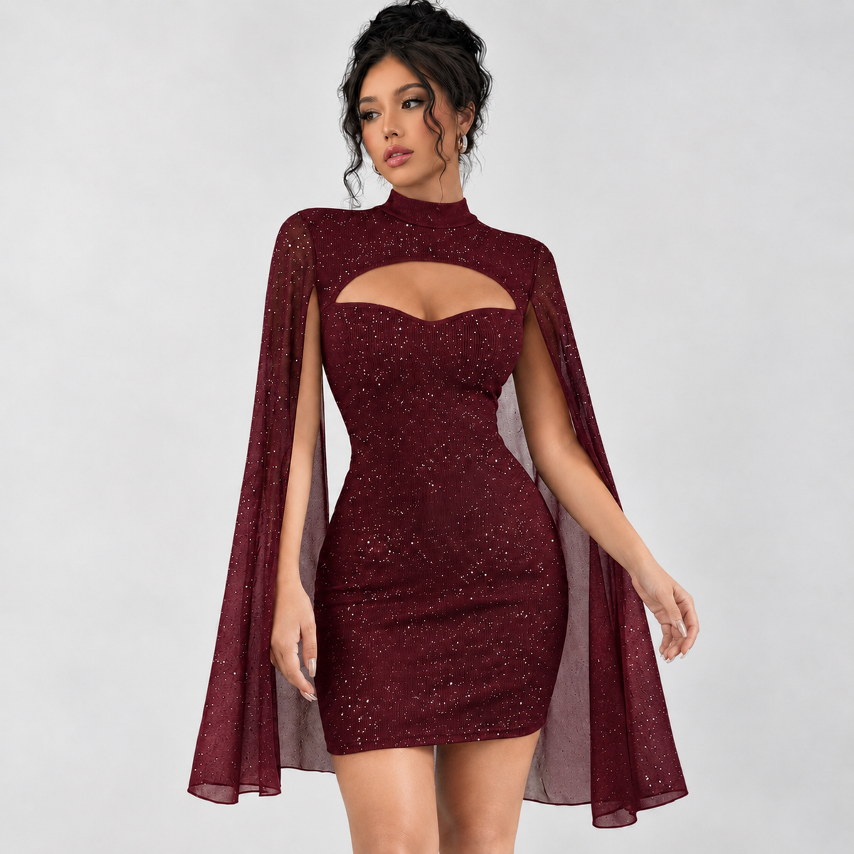 Sibylla Cape Mini Dress - Wine Red