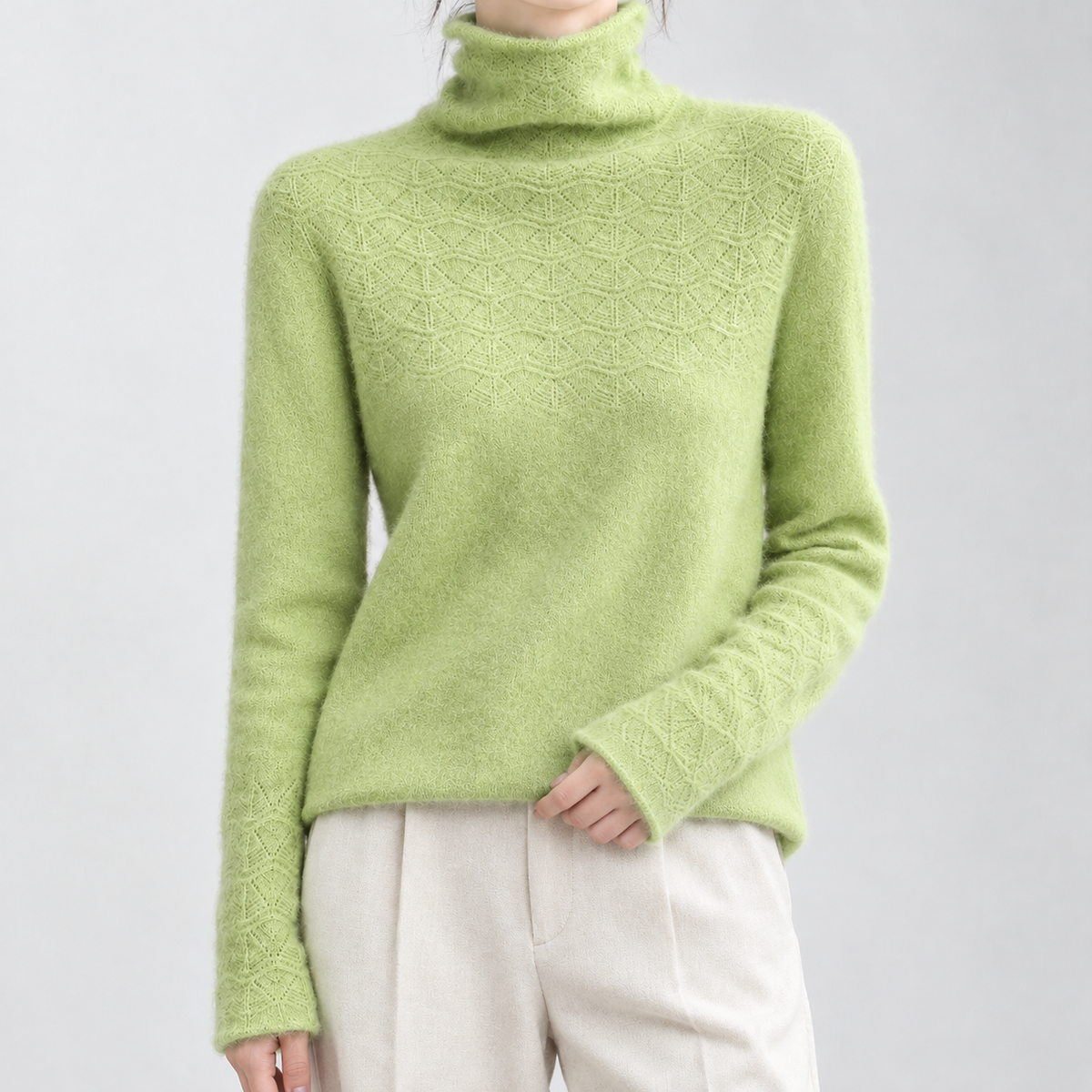 Woolcombe Pointelle Turtleneck Sweater - Fruit Green